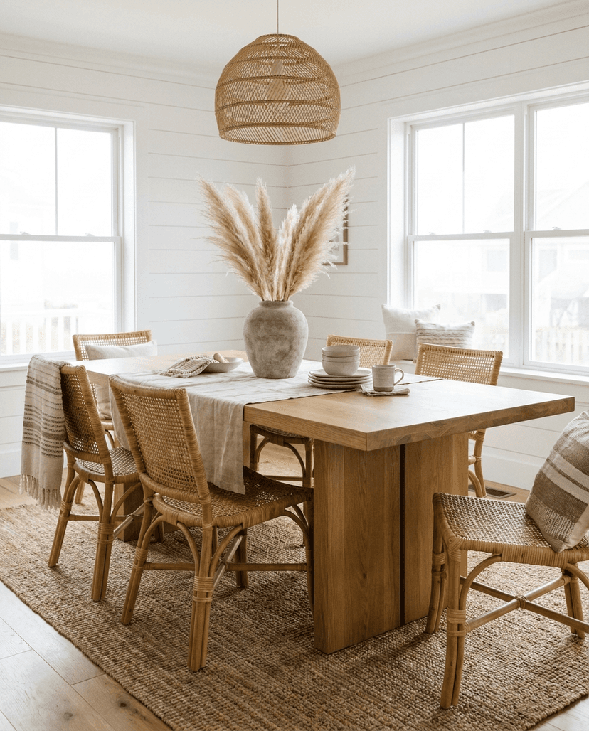Solid white oak dining table, edge grain — an airy coastal dining room