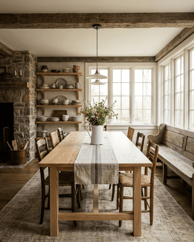 Solid ash dining table, edge grain — a light-filled farmhouse dining room