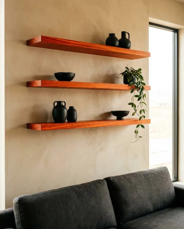 Padauk floating shelves — a gallery-style living room wall