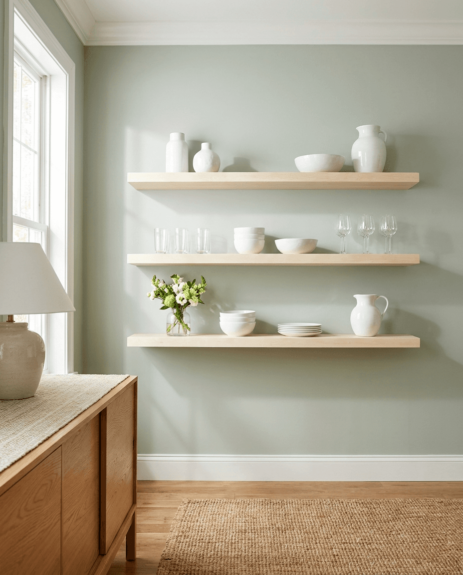 Maple floating shelves loaded with dishware on a sage dining room wall