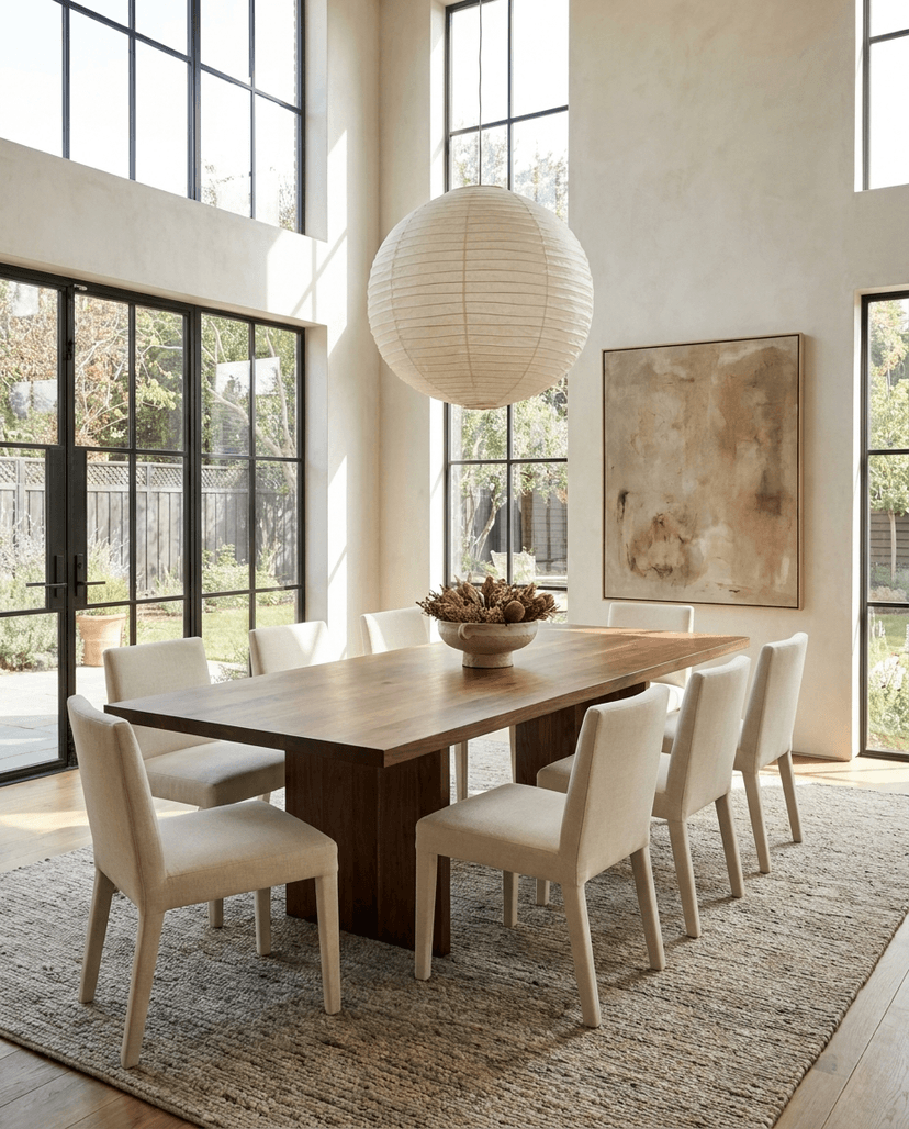Solid walnut dining table, edge grain — a sunlit modern dining room