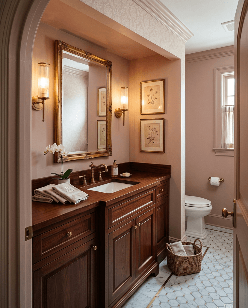 Solid mahogany countertop, edge grain — a classic powder room