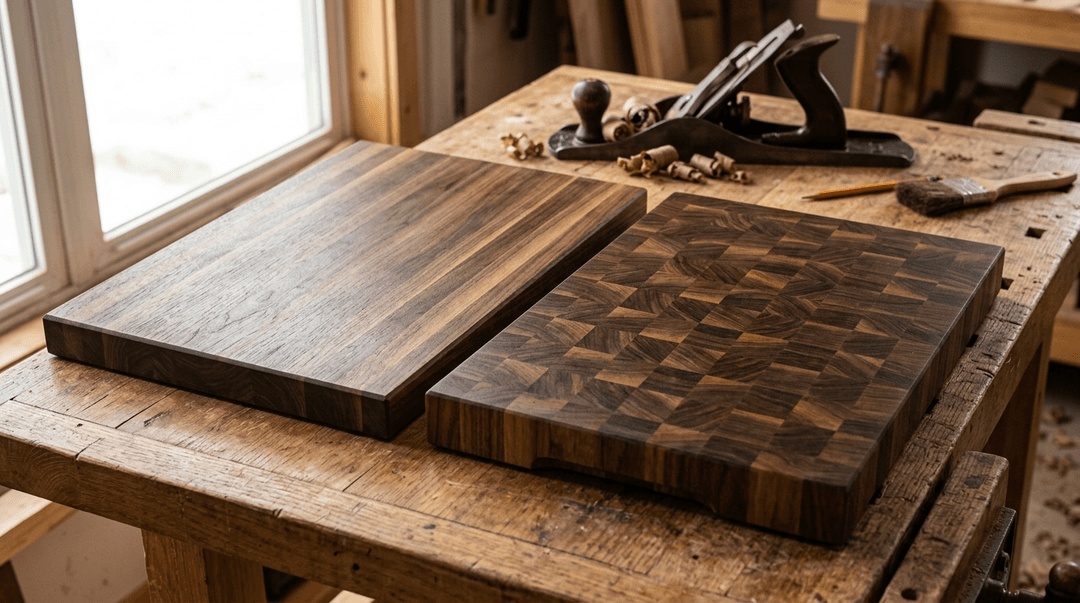 Edge grain butcher block strips next to an end grain checkerboard chopping surface in solid hardwood.