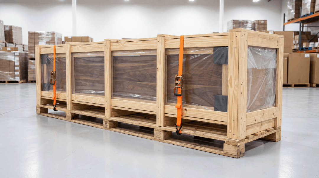 Walnut wood countertops packaged on a pallet with foam, edge guards, and strapping for freight shipping.