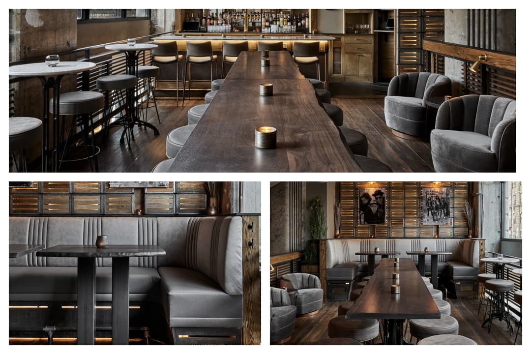 Collage of live edge walnut hightop tables installed in the upstairs bar, featuring natural contours and sculptural slabs