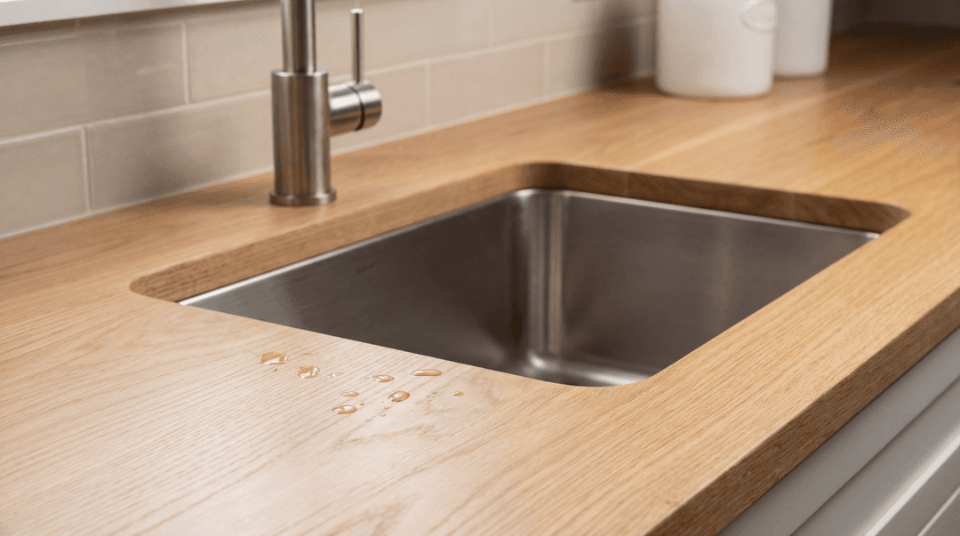 Solid wood kitchen countertop with an undermount sink, faucet, and backsplash installed.