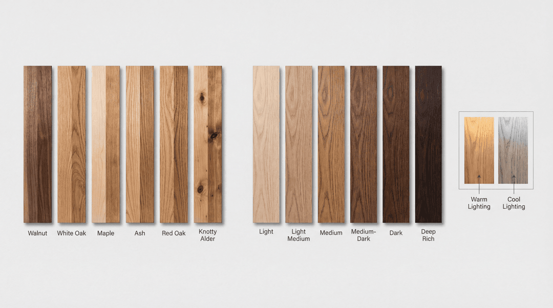 Wood countertop stain color guide showing multiple finish tones from light natural to rich dark browns.
