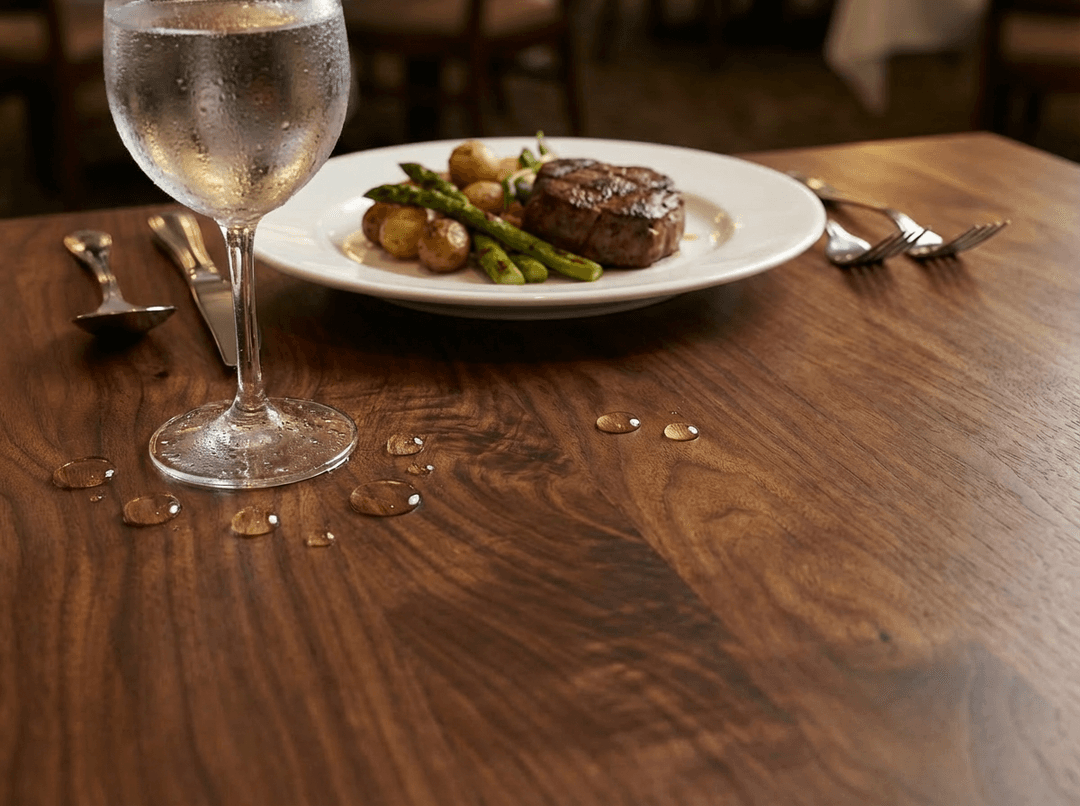 Walnut tabletop in a hospitality setting, highlighting craftsmanship and visual appeal