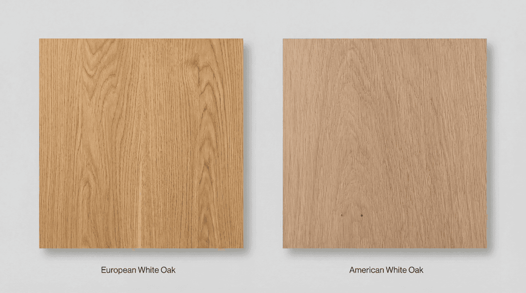 Side-by-side comparison of European white oak and American white oak tabletop grain and color.