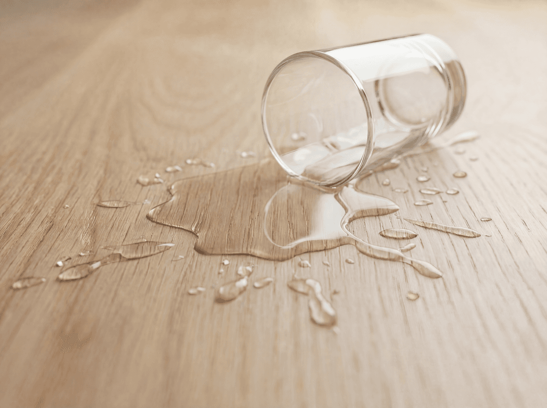 Close-up of a white oak tabletop with a tipped drinking glass and water beading on the surface to show finish durability.