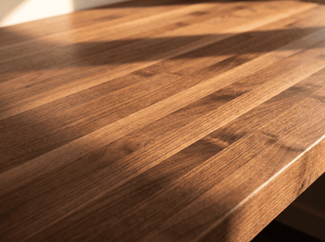 Edge grain walnut butcher block close-up — long parallel laminated strips under hardwax oil