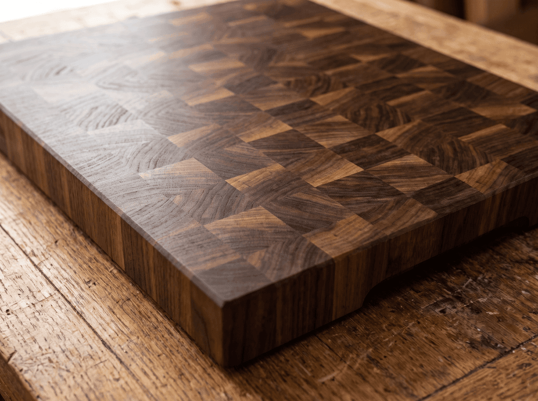 End grain walnut checkerboard chopping surface with thick slab edge