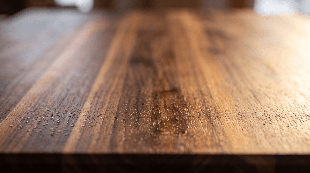 Macro of a freshly oiled walnut butcher block surface with water beading