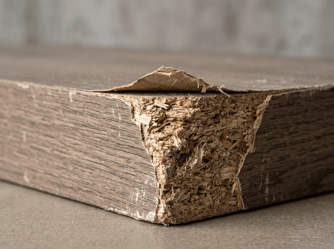 Solid walnut corner cross-section next to a veneer-over-particleboard corner