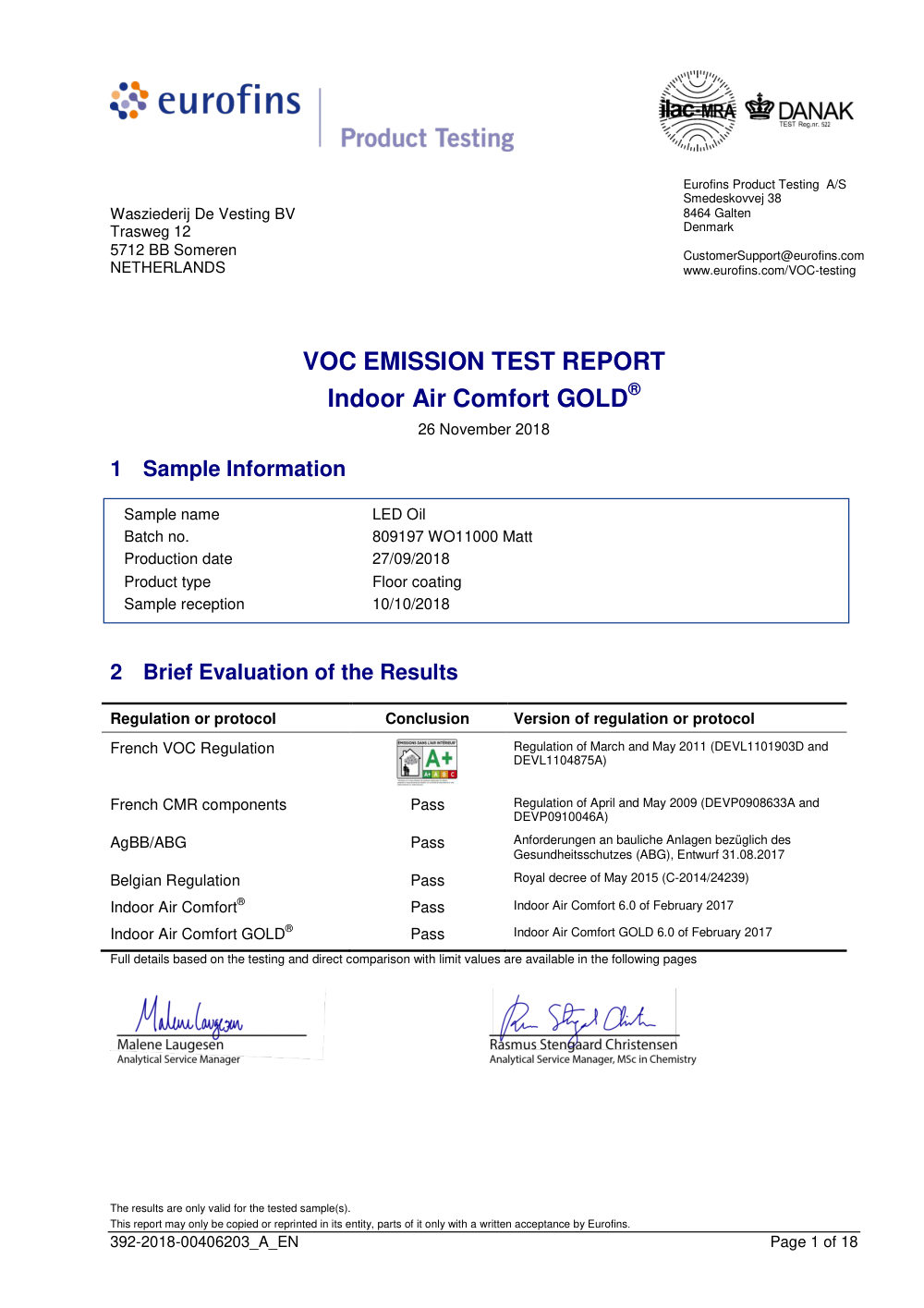 First page of Zero-VOC laboratory report