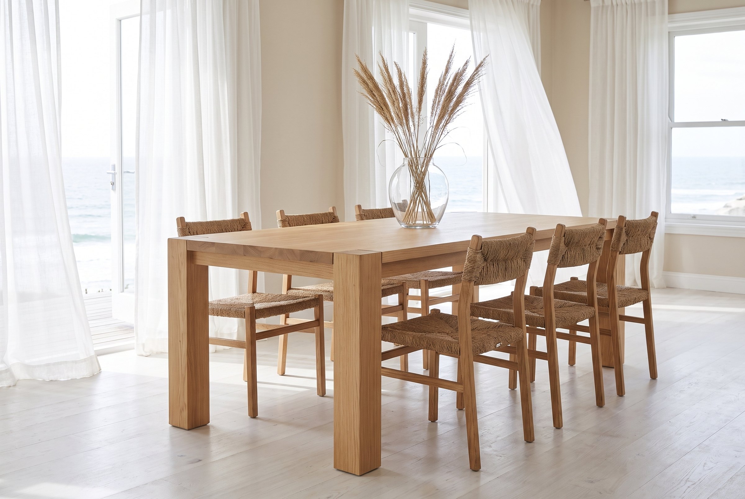Solid european oak dining table, face grain — the Balkan Dining Table in a coastal dining room, sheer curtains in the sea breeze, rope-seat chairs