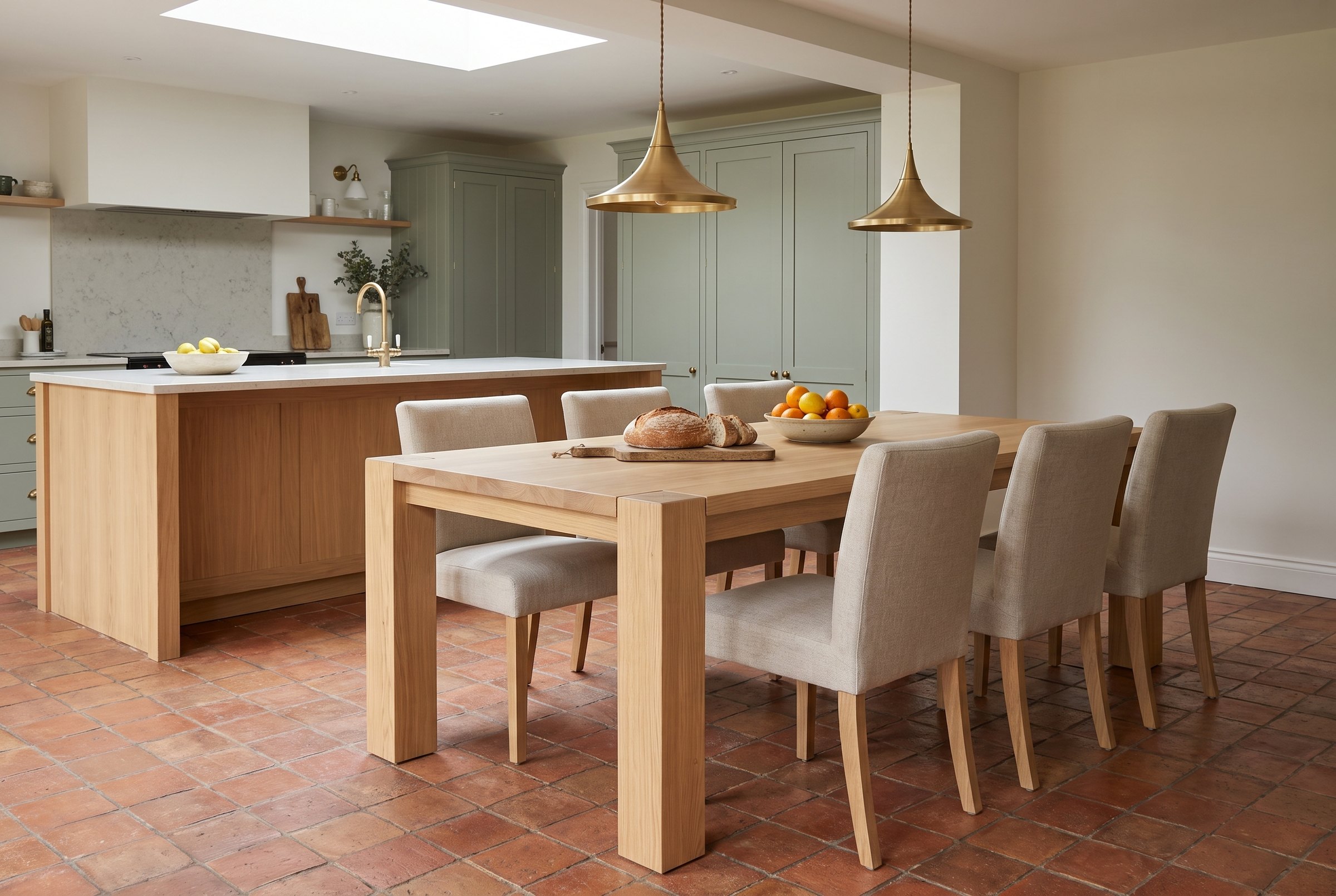 Solid european oak dining table, face grain — the Balkan Dining Table in an open-plan kitchen, sage cabinets and brass pendants, bread on the table