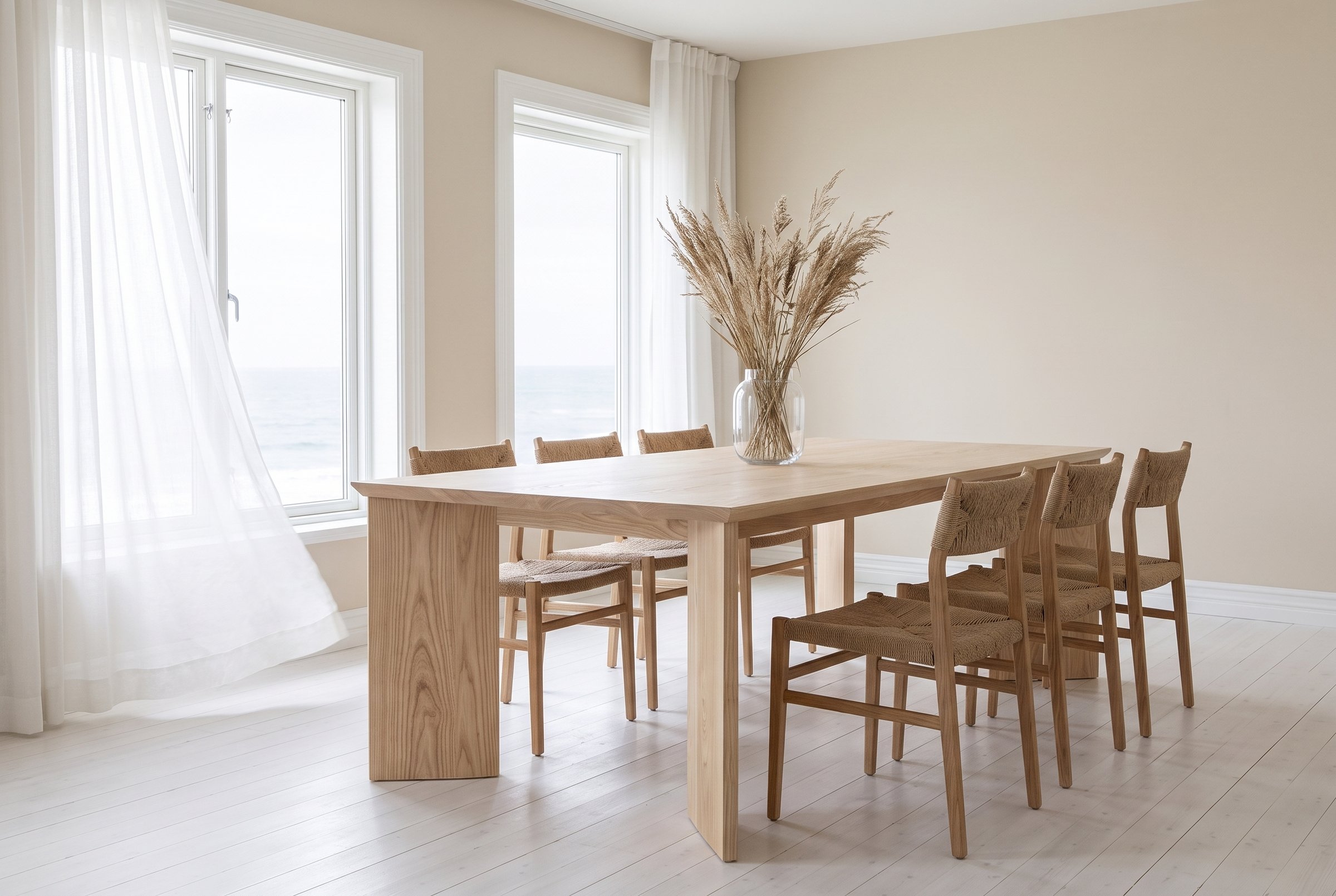 Solid ash dining table, face grain — the Kouper Dining Table in a coastal dining room, sheer curtains in the sea breeze, rope-seat chairs