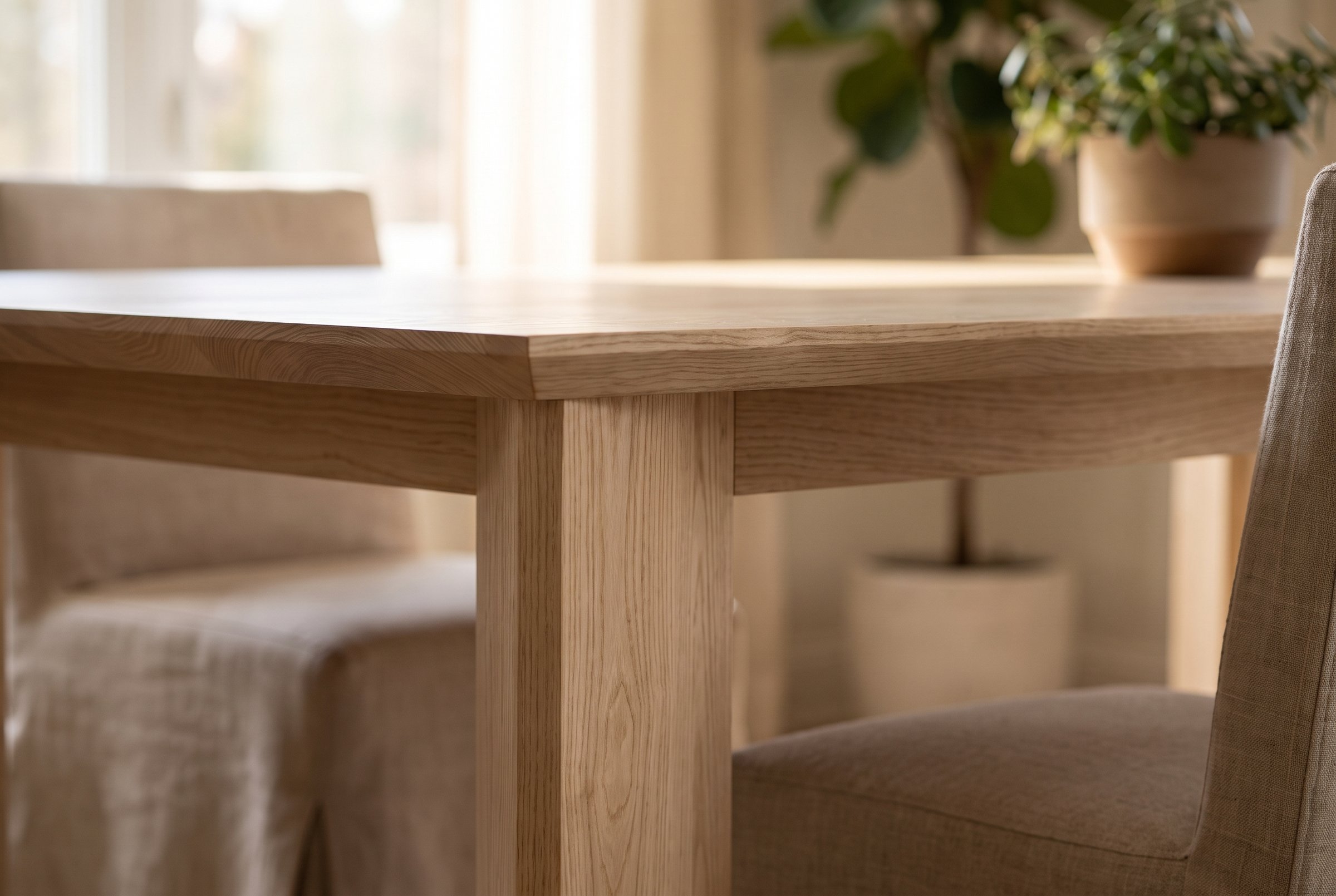 Solid ash dining table, face grain — the Kouper Dining Table in the beveled edge meeting the diamond-section leg, close, in a warm dining room