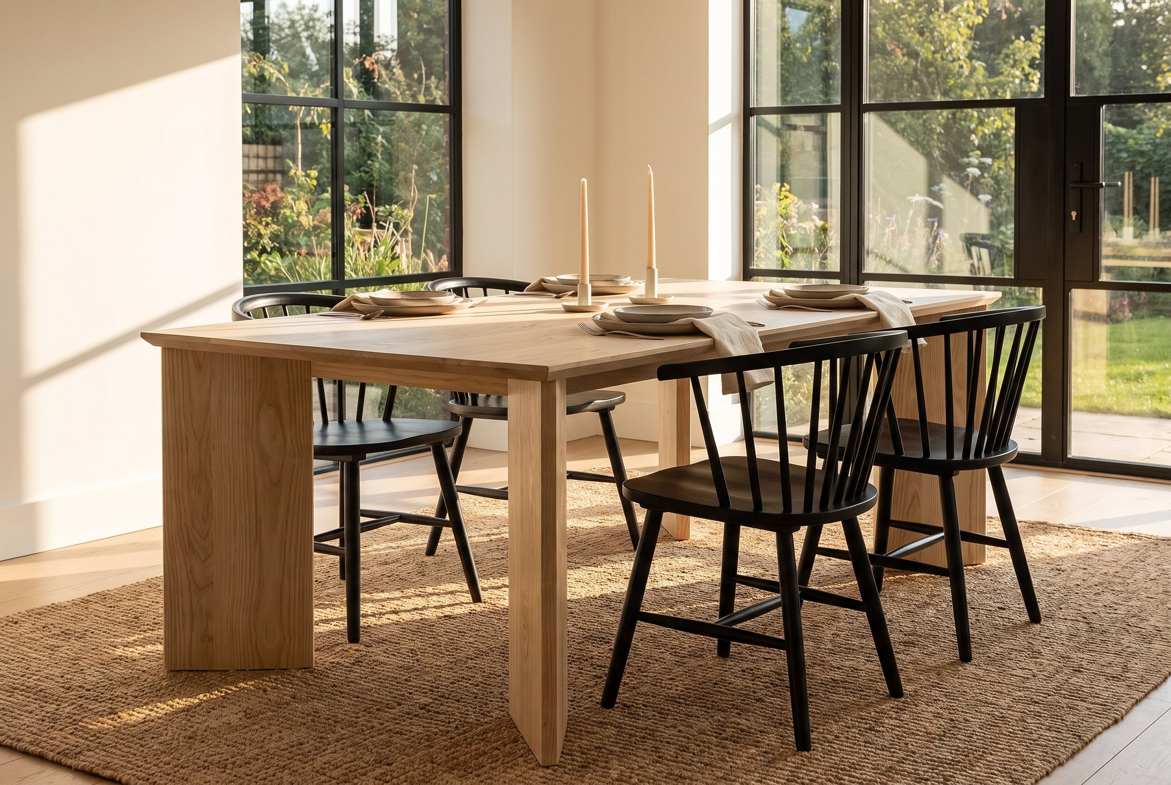Solid ash dining table, face grain — the Kouper Dining Table in a modern farmhouse dining room, steel windows onto the garden, the table set for dinner
