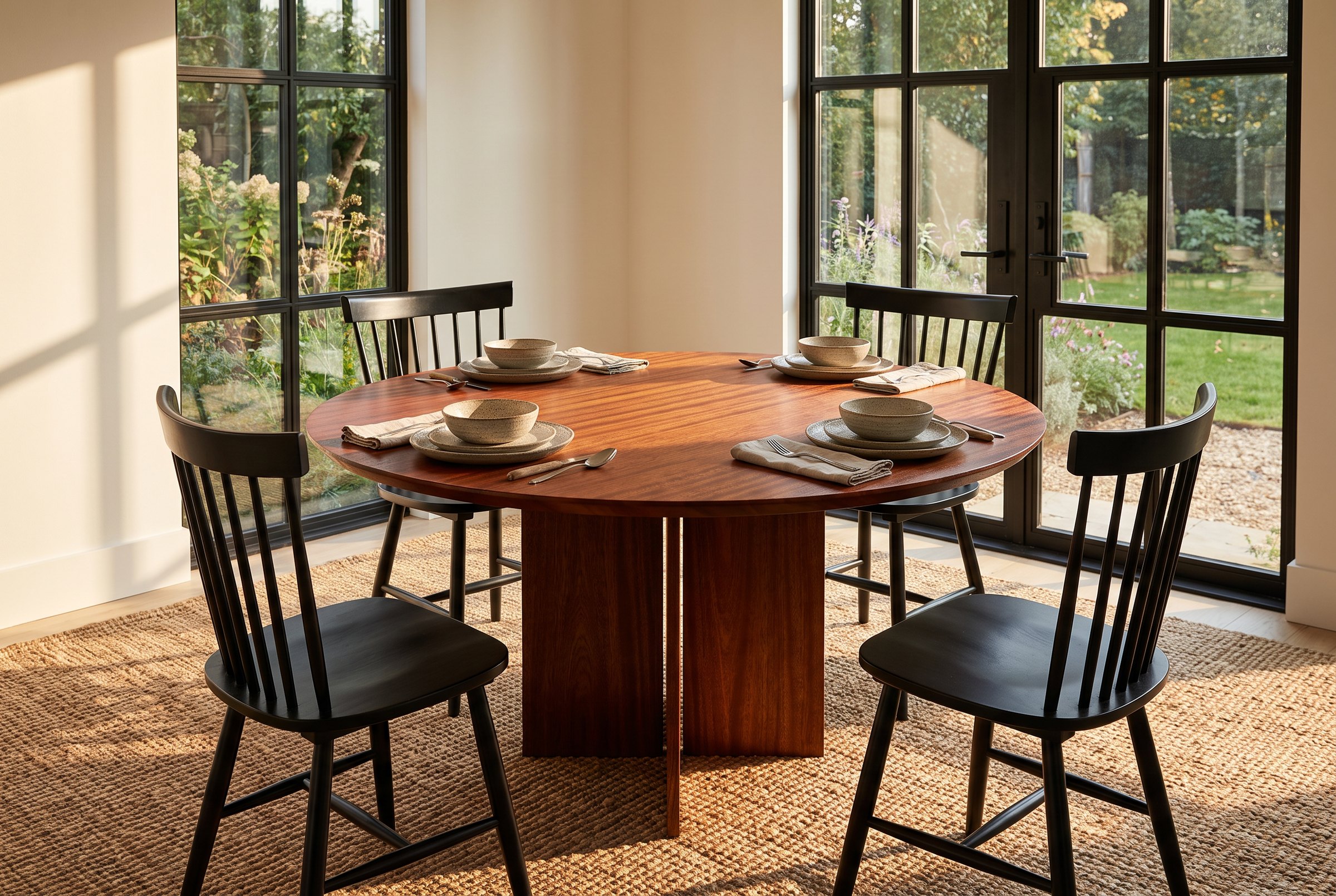 Solid mahogany dining table, face grain — the Kouper Round Dining Table in a modern farmhouse breakfast room, steel windows onto the garden, set for four