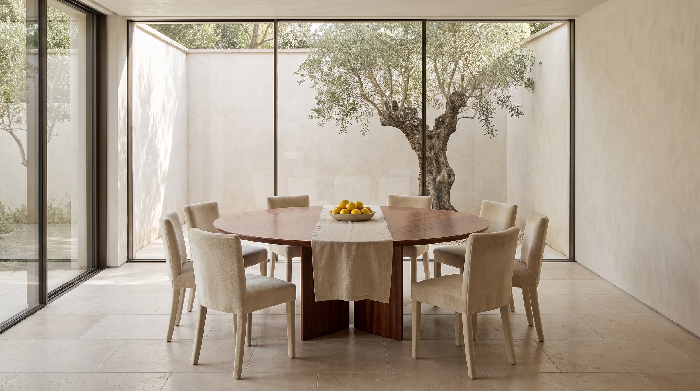 Solid mahogany dining table, face grain — the Kouper Round Dining Table in a garden room onto a walled courtyard with an olive tree, the 72-inch