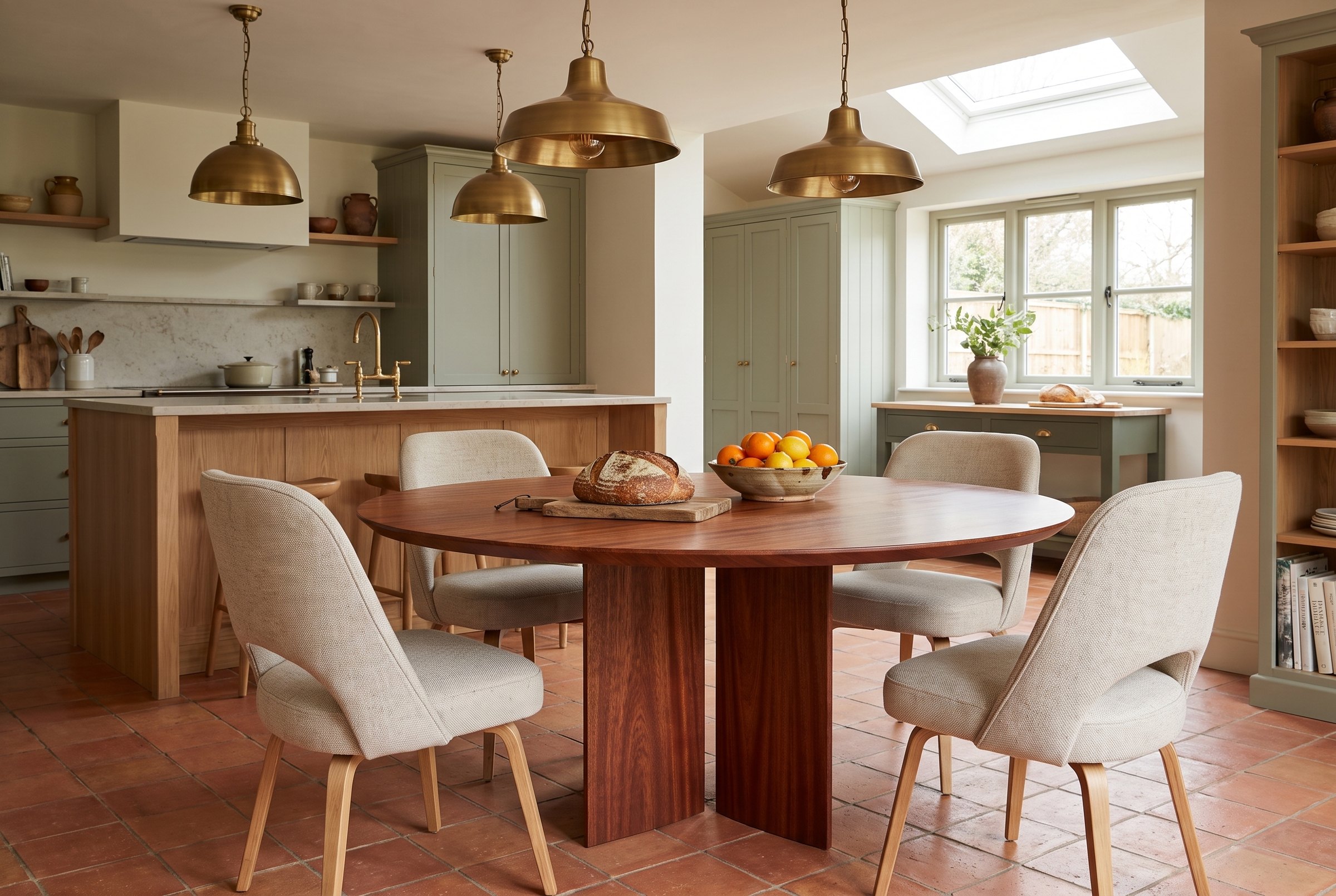 Solid mahogany dining table, face grain — the Kouper Round Dining Table in an open-plan kitchen, sage cabinets and brass pendants, bread on the table