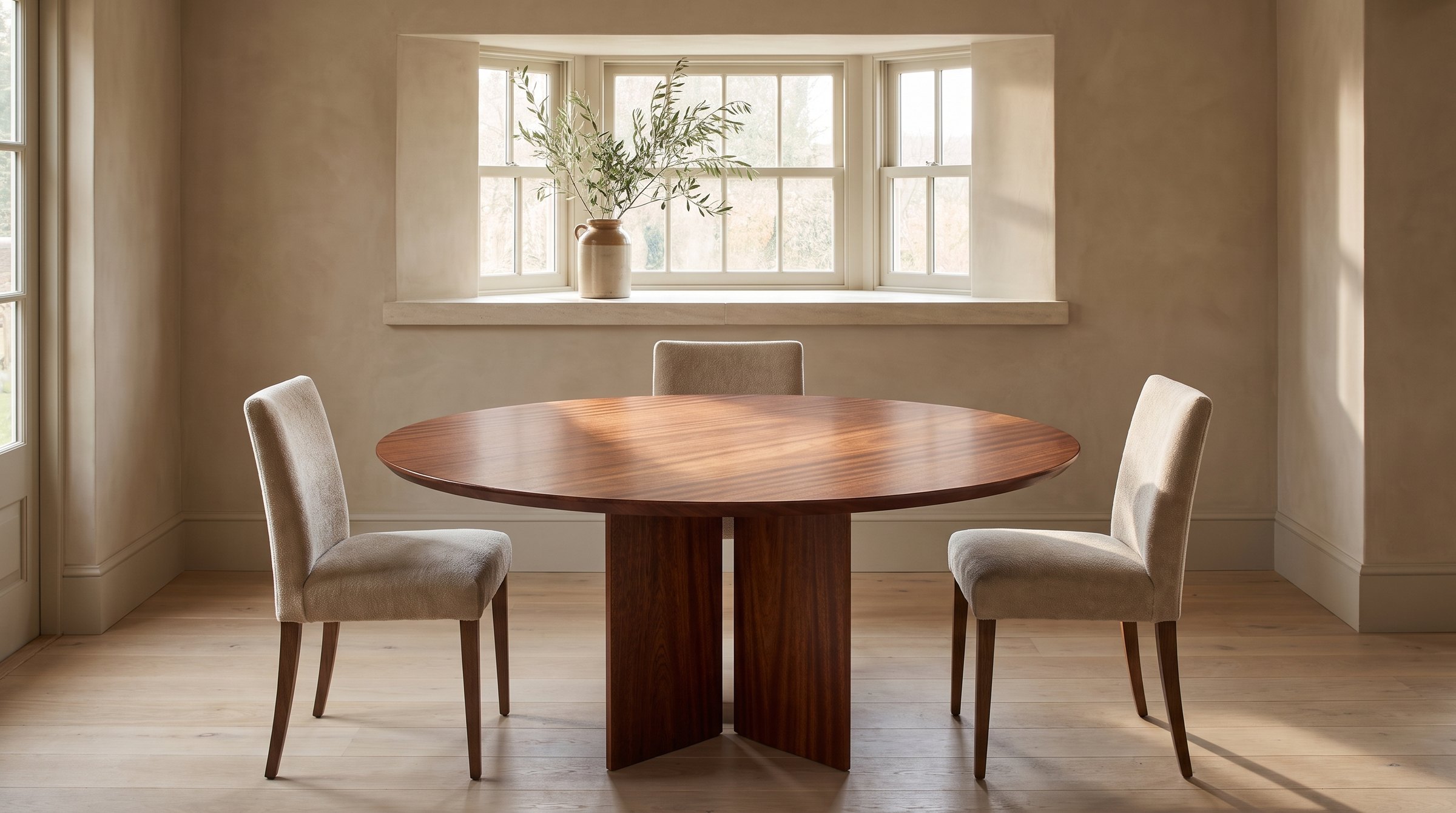 Solid mahogany dining table, face grain — the Kouper Round Dining Table in a limestone window bay with an olive branch, morning light