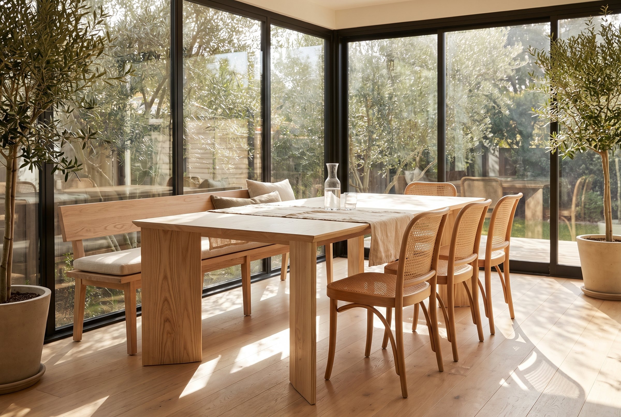 Solid ash dining table, face grain — the Kouper Dining Table in a sunroom with olive trees, a bench along one side, dappled midday light