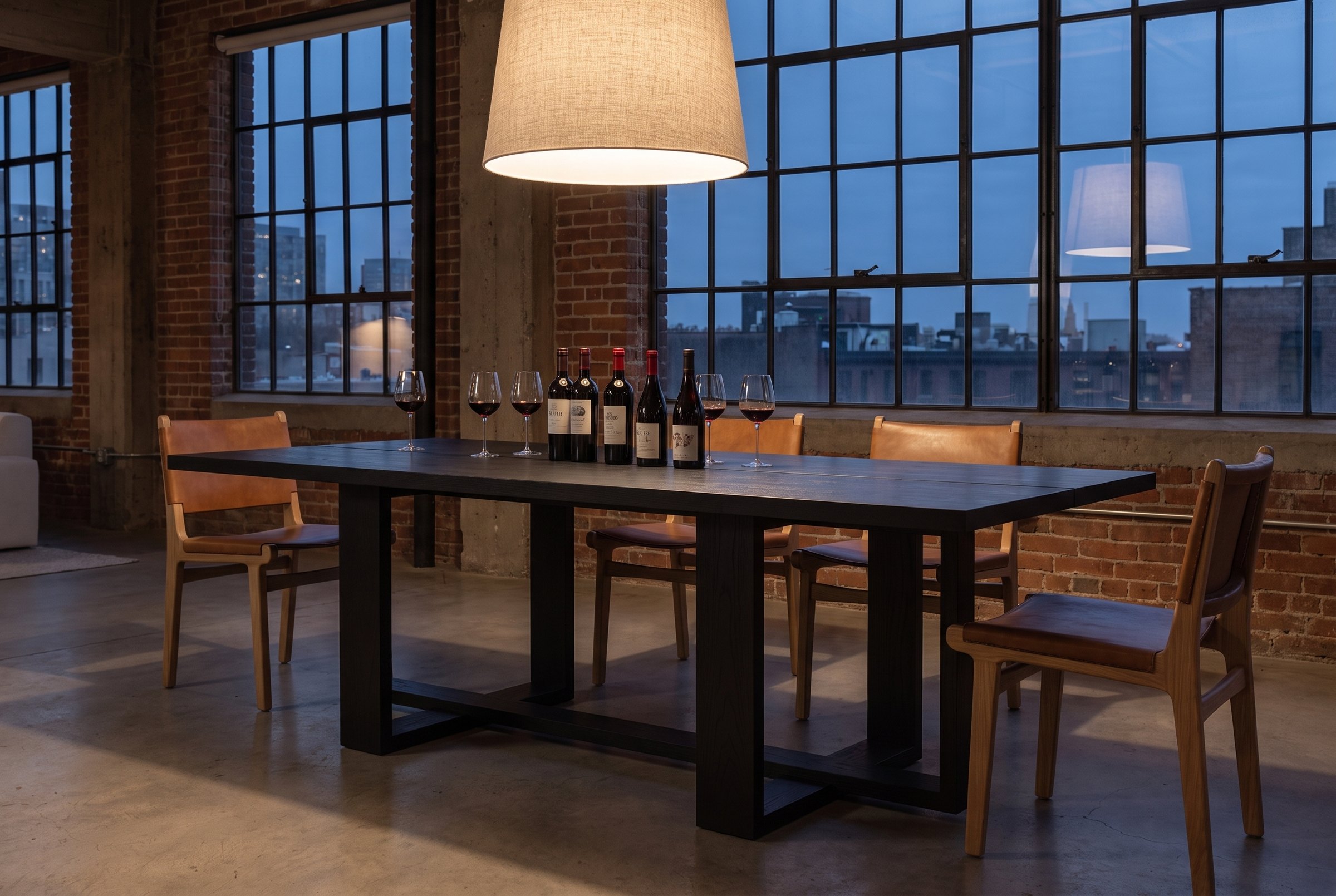 Solid black oak dining table, face grain — the Tesseract Dining Table in a brick loft at dusk, one linen pendant over the table, leather-and-oak chairs and wine