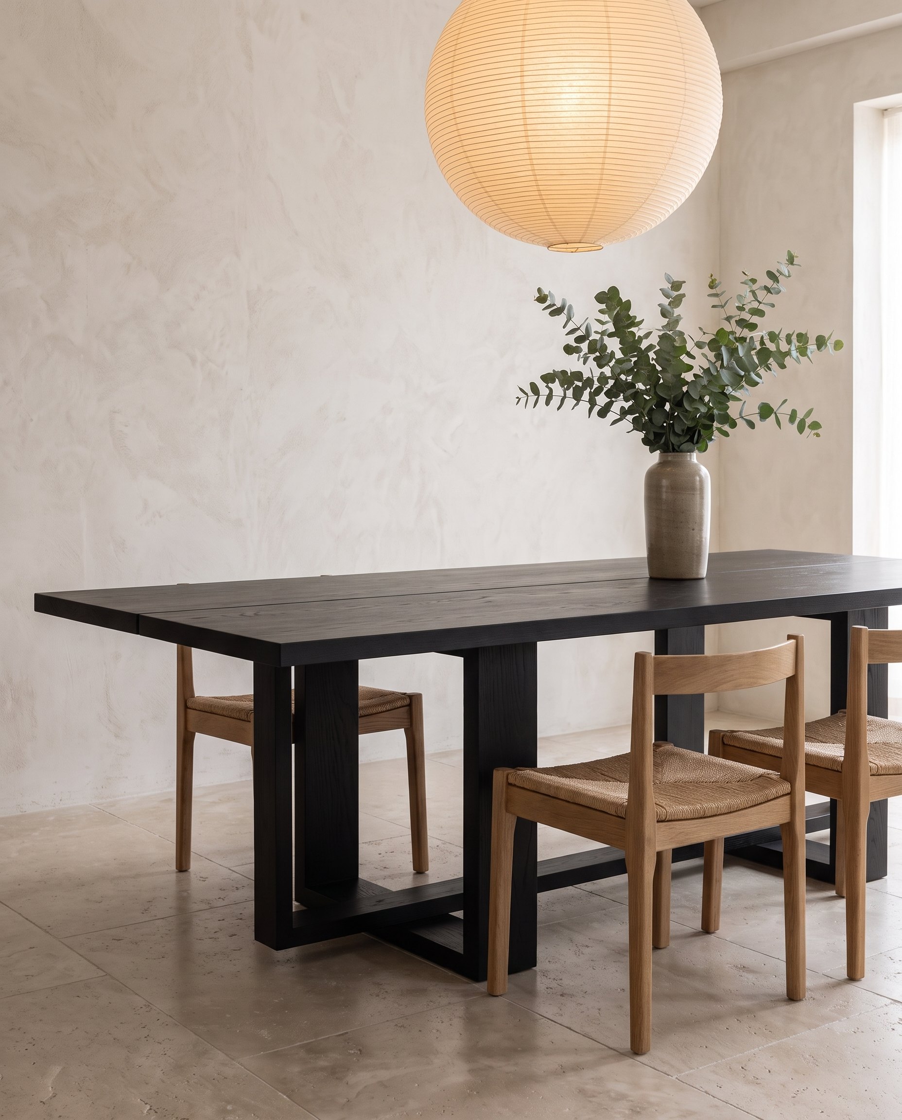 Solid black oak dining table, face grain — the Tesseract Dining Table in a quiet Japandi dining room, a paper lantern and eucalyptus