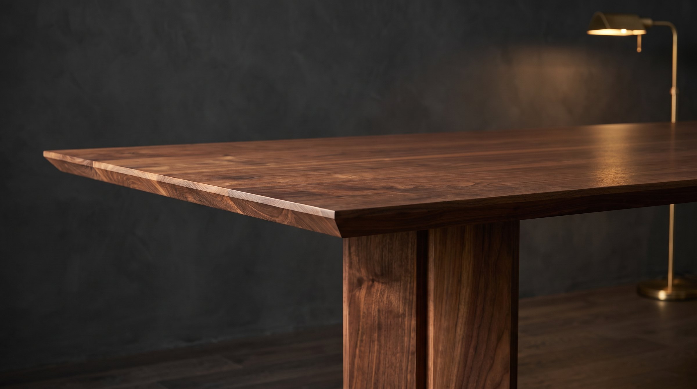 Solid walnut dining table, face grain — the Vekt Walnut Dining Table in the chamfer and a faceted column, charcoal plaster, a brass lamp