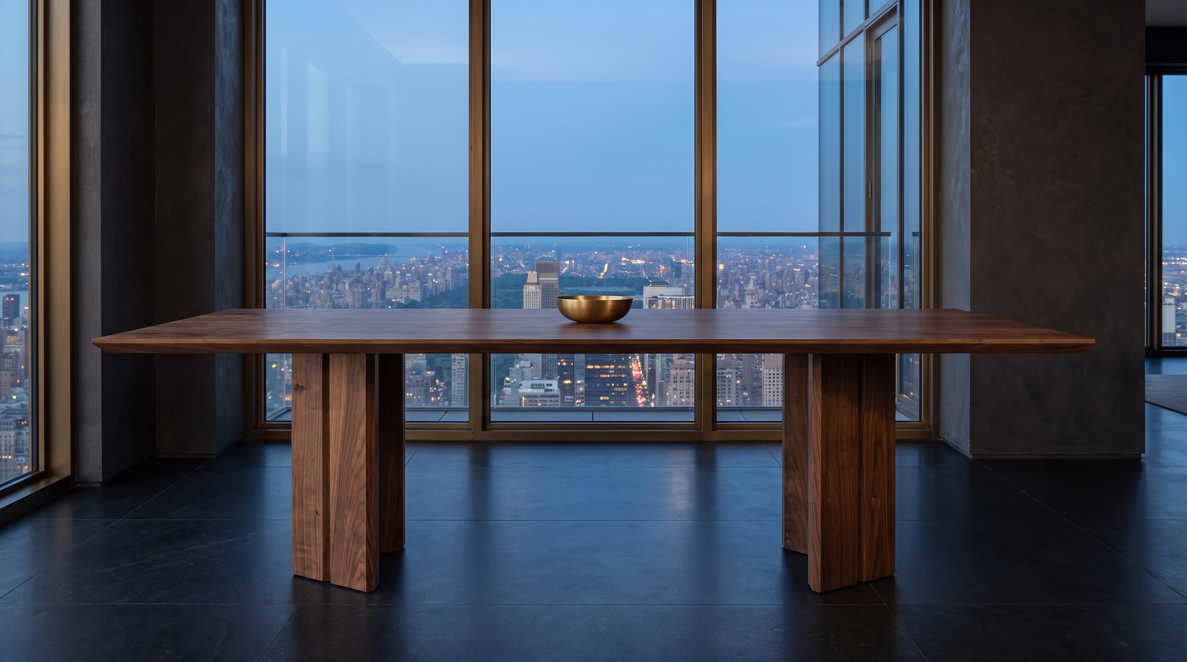 Solid walnut dining table, face grain — the Vekt Walnut Dining Table in alone before a bronze-framed window wall, the city at blue dusk