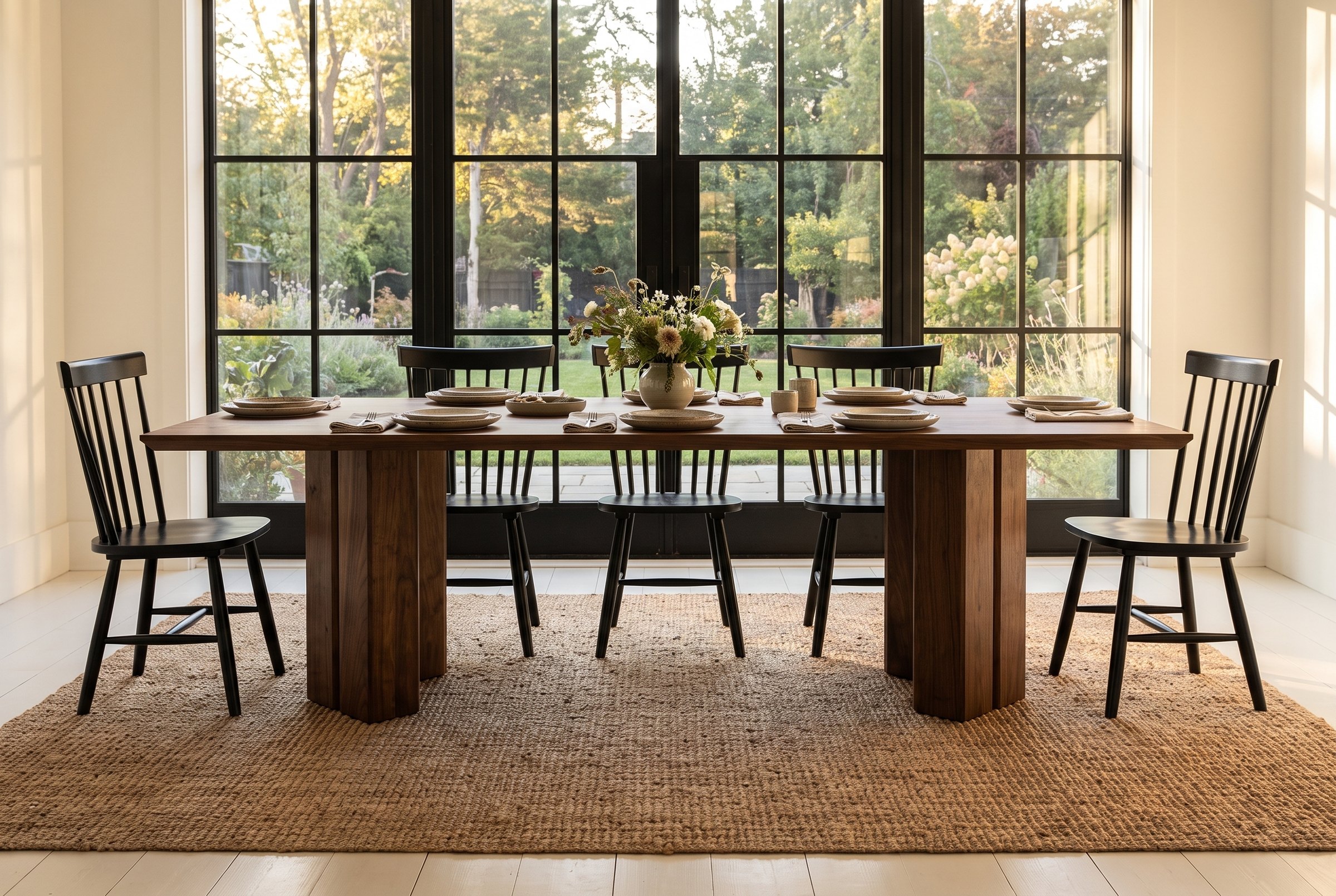 Solid walnut dining table, face grain — the Vekt Walnut Dining Table in a modern farmhouse dining room, steel windows onto the garden, laid for dinner