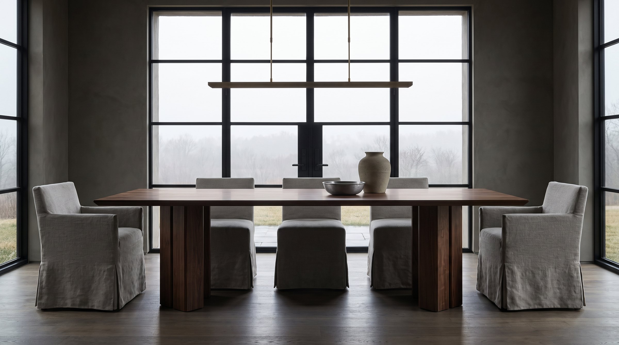 Solid walnut dining table, face grain — the Vekt Walnut Dining Table in the house dining room, straight down the long side against the steel windows