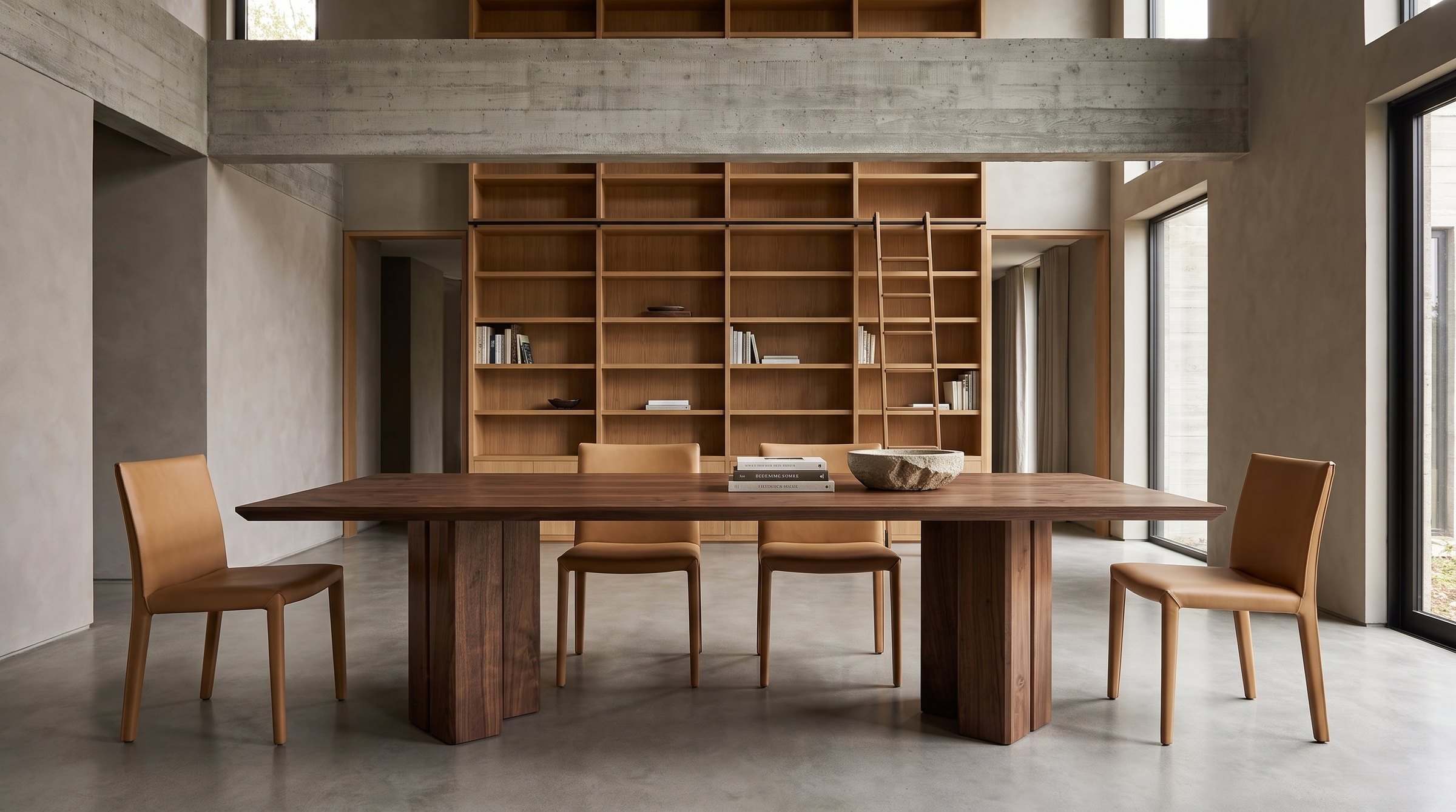 Solid walnut dining table, face grain — the Vekt Walnut Dining Table in a double-height room, a wall of oak bookshelves, camel leather chairs
