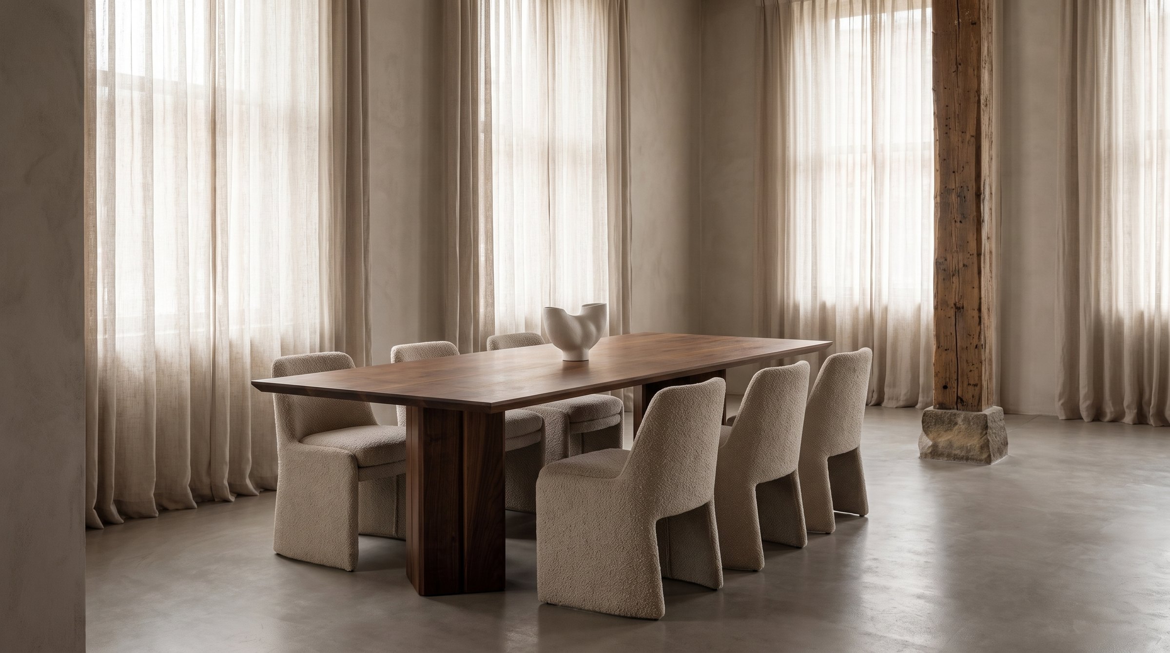 Solid walnut dining table, face grain — the Vekt Walnut Dining Table in a limewashed loft, linen curtains and boucle chairs, a reclaimed timber post
