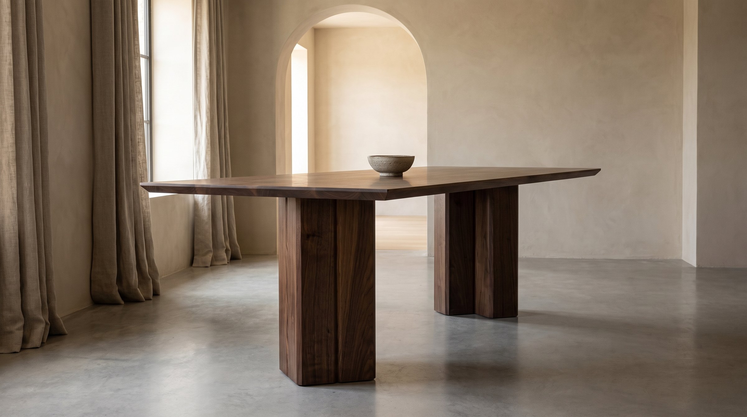 Solid walnut dining table, face grain — the Vekt Walnut Dining Table in alone in a limewashed room with an arch beyond, from low