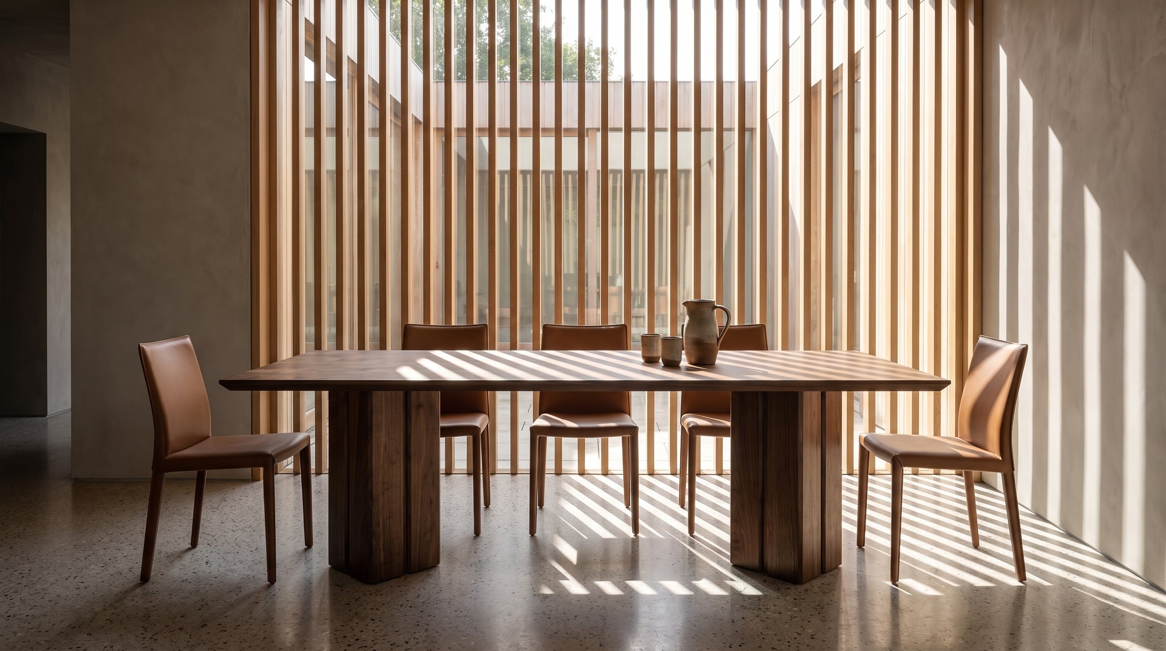 Solid walnut dining table, face grain — the Vekt Walnut Dining Table in a courtyard room, morning sun through oak slats, tobacco leather chairs