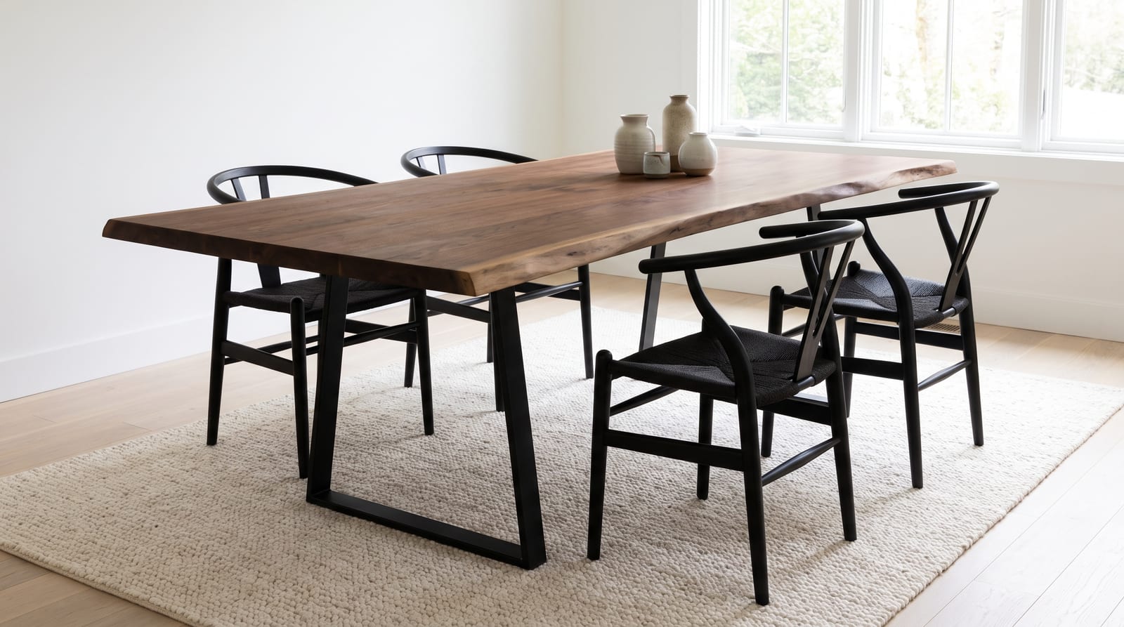 Solid walnut dining table, live edge — a modern dining room, live-edge walnut dining table on steel legs