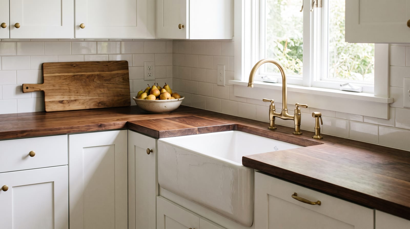 Solid walnut countertop, face grain — a modern farmhouse kitchen, L-shaped walnut counters around a farmhouse sink
