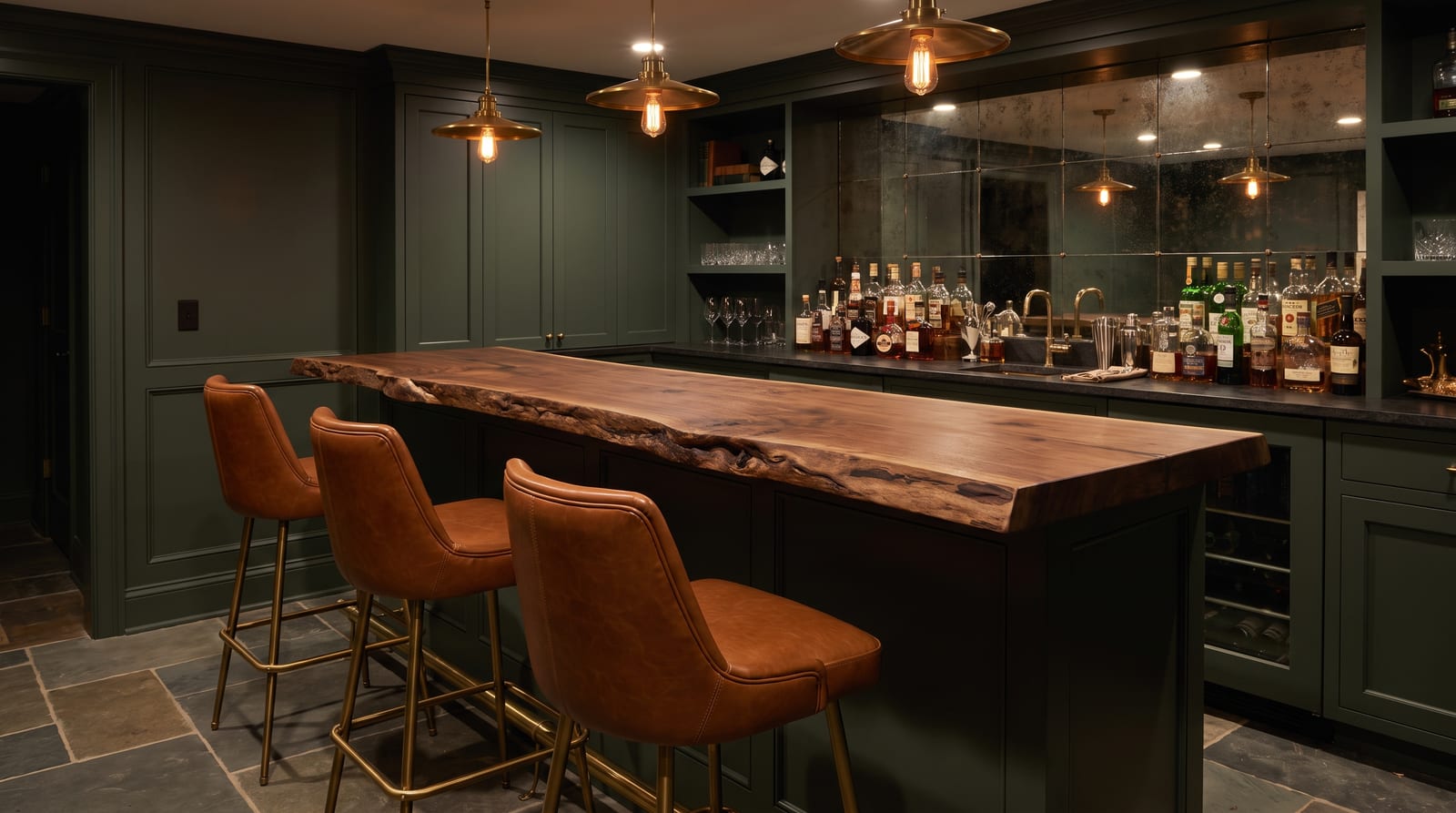 Solid walnut countertop, live edge — a basement home bar, live-edge walnut bar top with leather stools