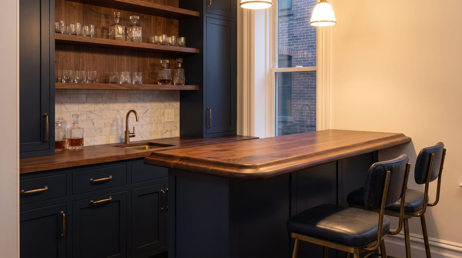 Solid walnut countertop, face grain — a brownstone wet bar, walnut bar top on navy cabinets