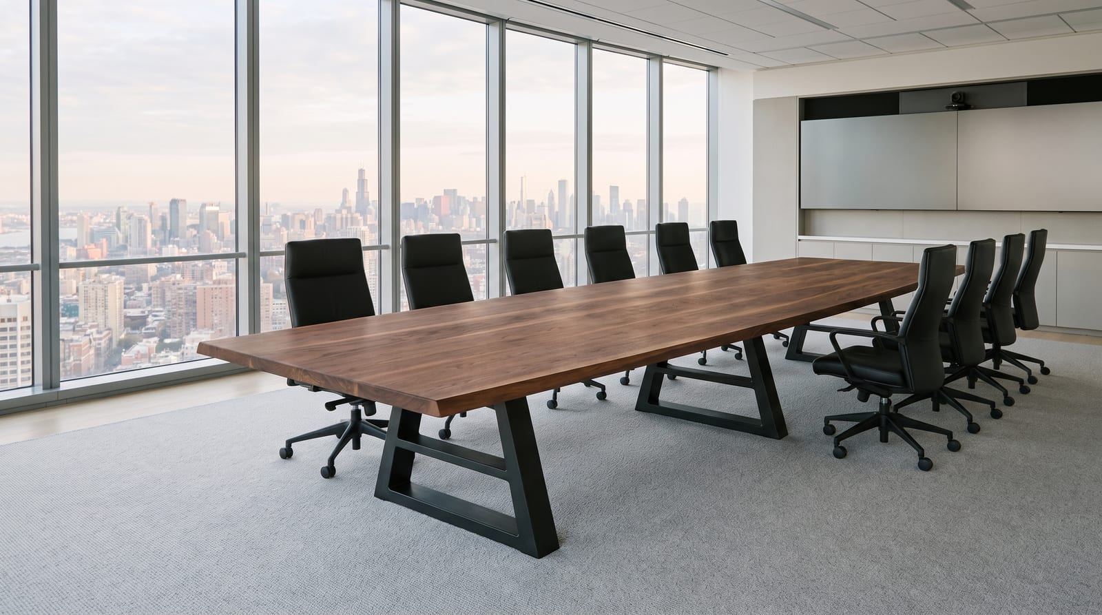Solid walnut tabletop, face grain — a glass-walled boardroom, 14-foot walnut conference table on steel trestles