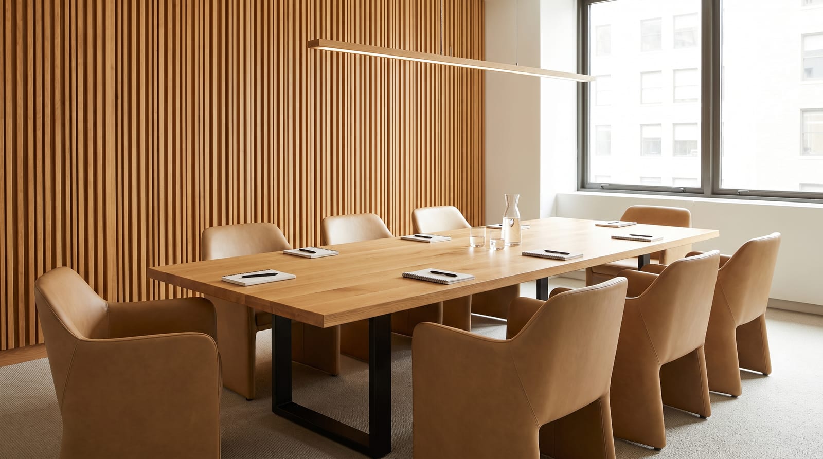 Solid white oak tabletop, face grain — a warm meeting room, white oak conference table on steel bases