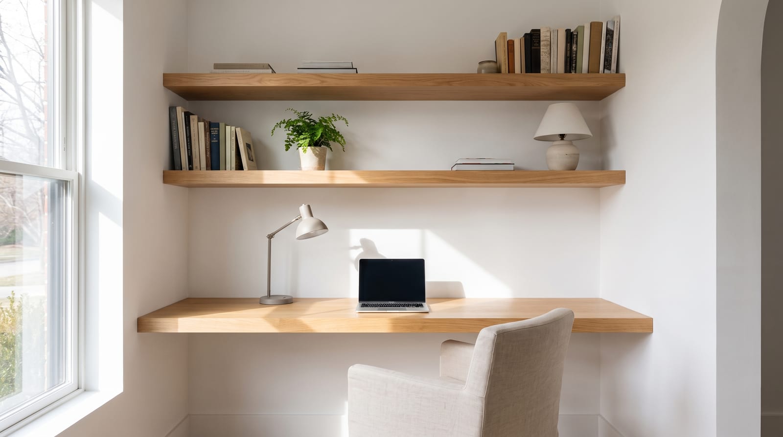 Solid white oak tabletop, face grain — an alcove home office, built-in white oak desk top with matching floating shelves