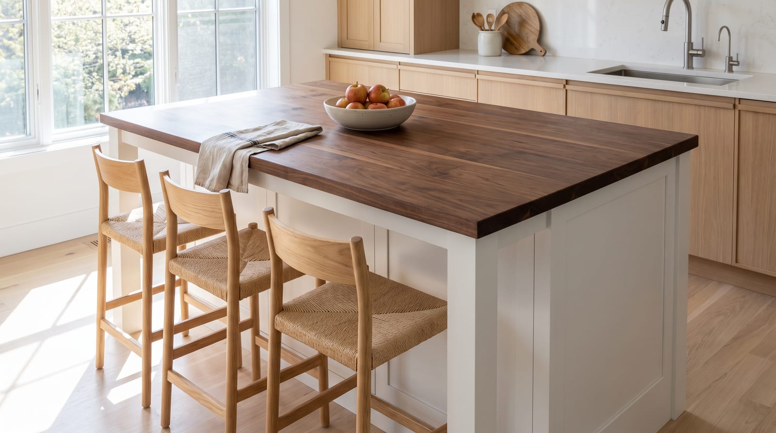 Solid walnut countertop, face grain — a bright kitchen, walnut island top on white shaker cabinets with a seating overhang
