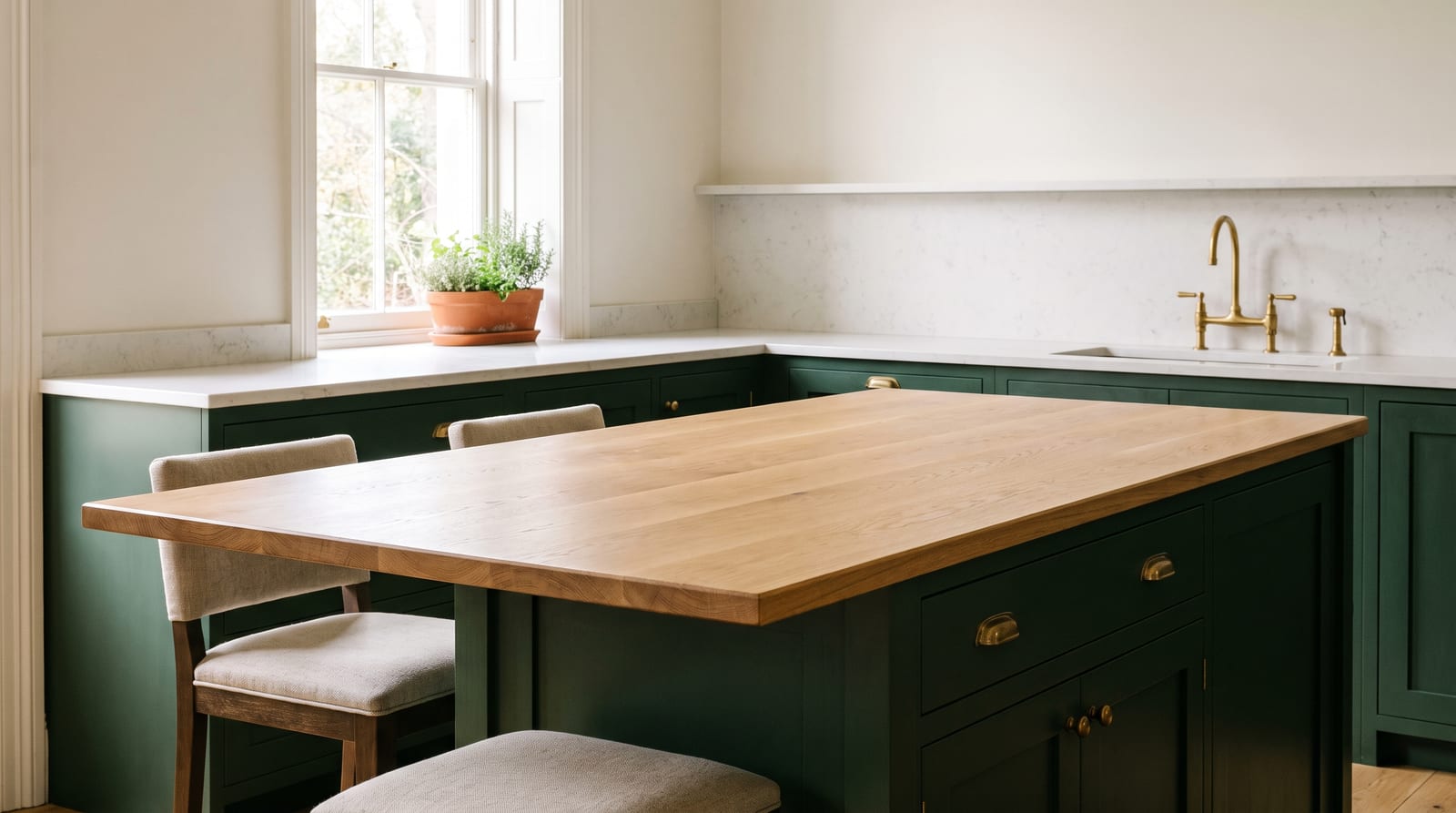 Solid white oak countertop, face grain — a warm minimalist kitchen, white oak island top on a deep green island