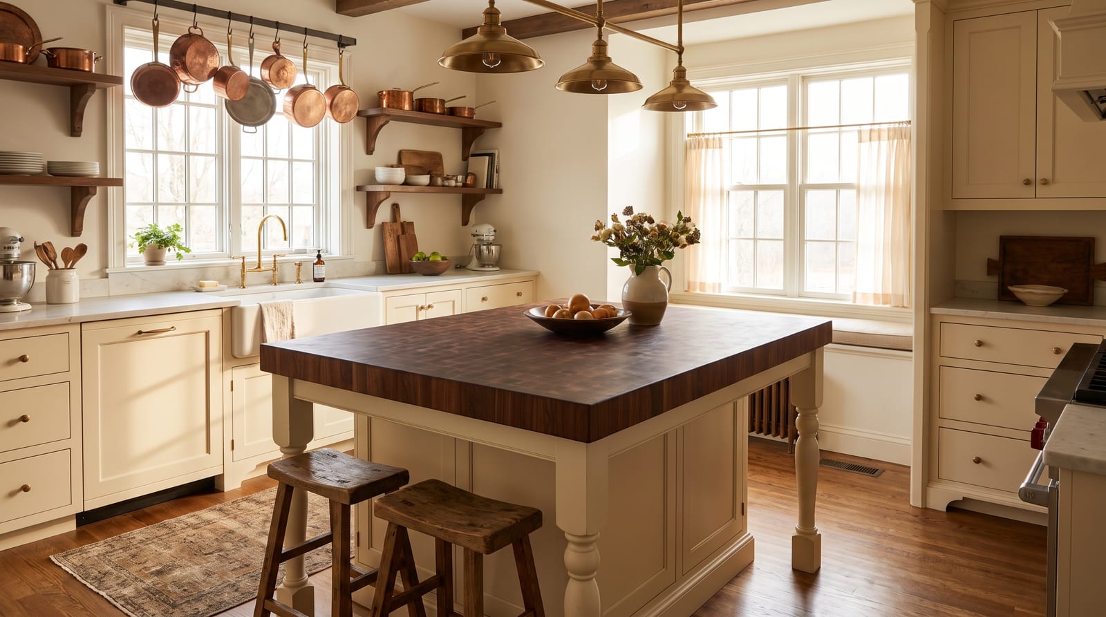 Solid walnut countertop, end grain — a warm traditional kitchen, end-grain walnut island top in small blocks