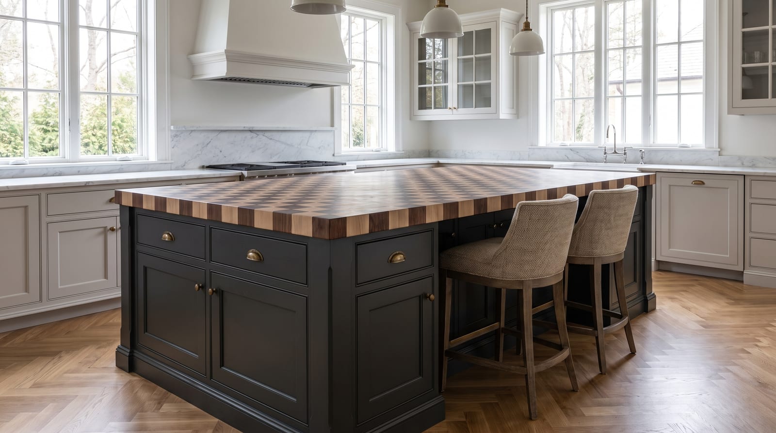 Solid walnut + white oak countertop, end grain — a stately kitchen, two-tone end-grain island top in a fine chessboard